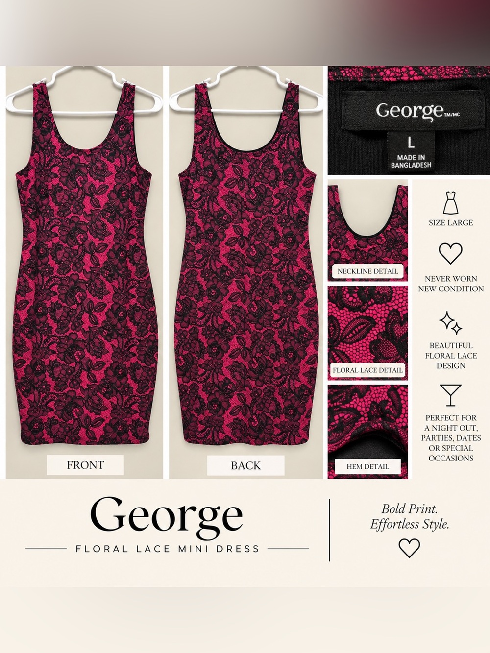 George Floral Lace Tank Mini Dress - Fuchsia & Black